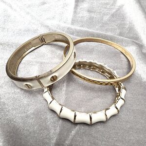 Set of 3 Gold Tone Cream Enamel Bangle Bracelets Curated Stack Minimalist